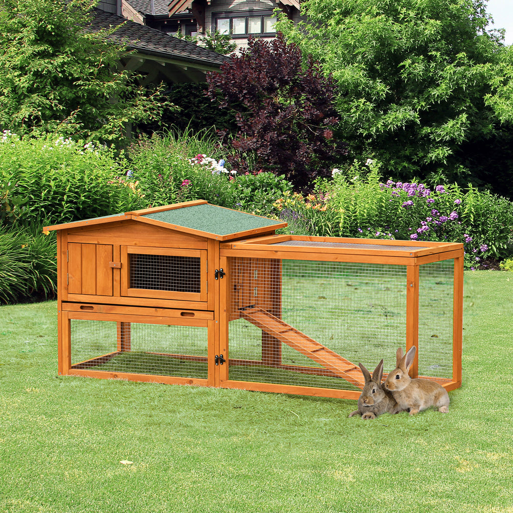 Rabbit Hutch 2-Story Bunny Cage Small Animal House with Slide Out Tray, Detachable Run, for Indoor Outdoor, 61.5" x 23" x 27", Golden Red