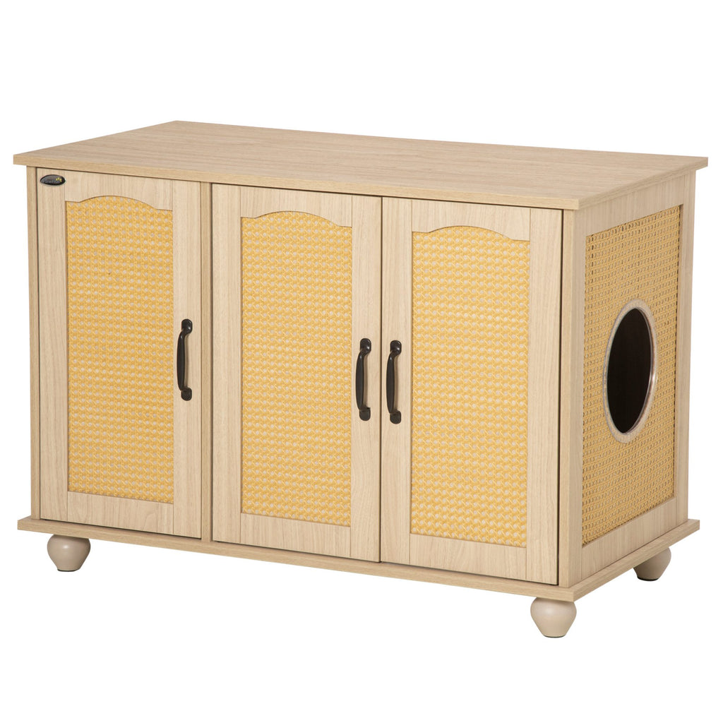 Cat Litter Box Enclosure Side Table, Cat Washroom Storage with Soft Cushion, PE Rattan, Adjustable Partition, for Indoor Use, Oak
