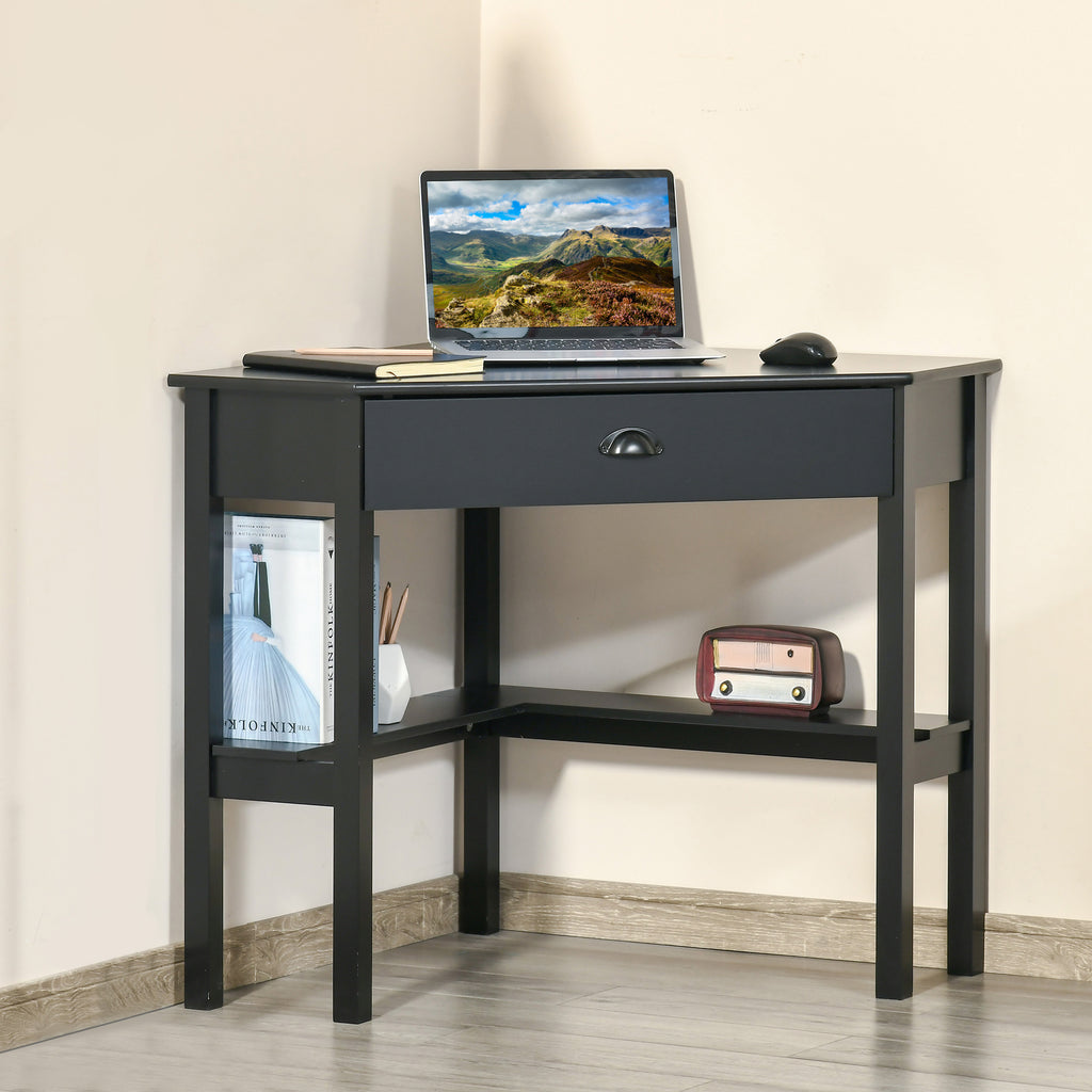 Corner Desk, Triangle Computer Desk with Drawer and Storage Shelves for Small Spaces, Home Office Workstation, Black