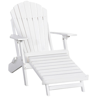 Folding Adirondack Chair with Ottoman, Outdoor Wooden Lounger for Patio, Porch, Poolside, Garden, White