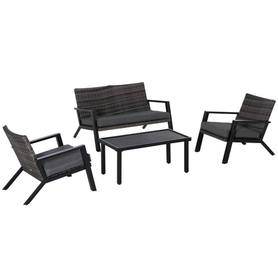 4-Piece Patio Sofa Set Outdoor Wicker Patio Conversation Sets with Removable Cushion and Coffee Table for Balcony, Backyard Black and Grey