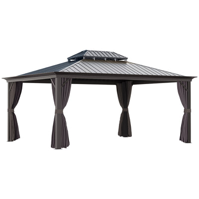 Patio Gazebo 16' x 12' Netting & Curtains, 2 Tier Double Vented Steel Roof, Hardtop, Ceiling Hooks Aluminum Frame for Outdoor, Brown