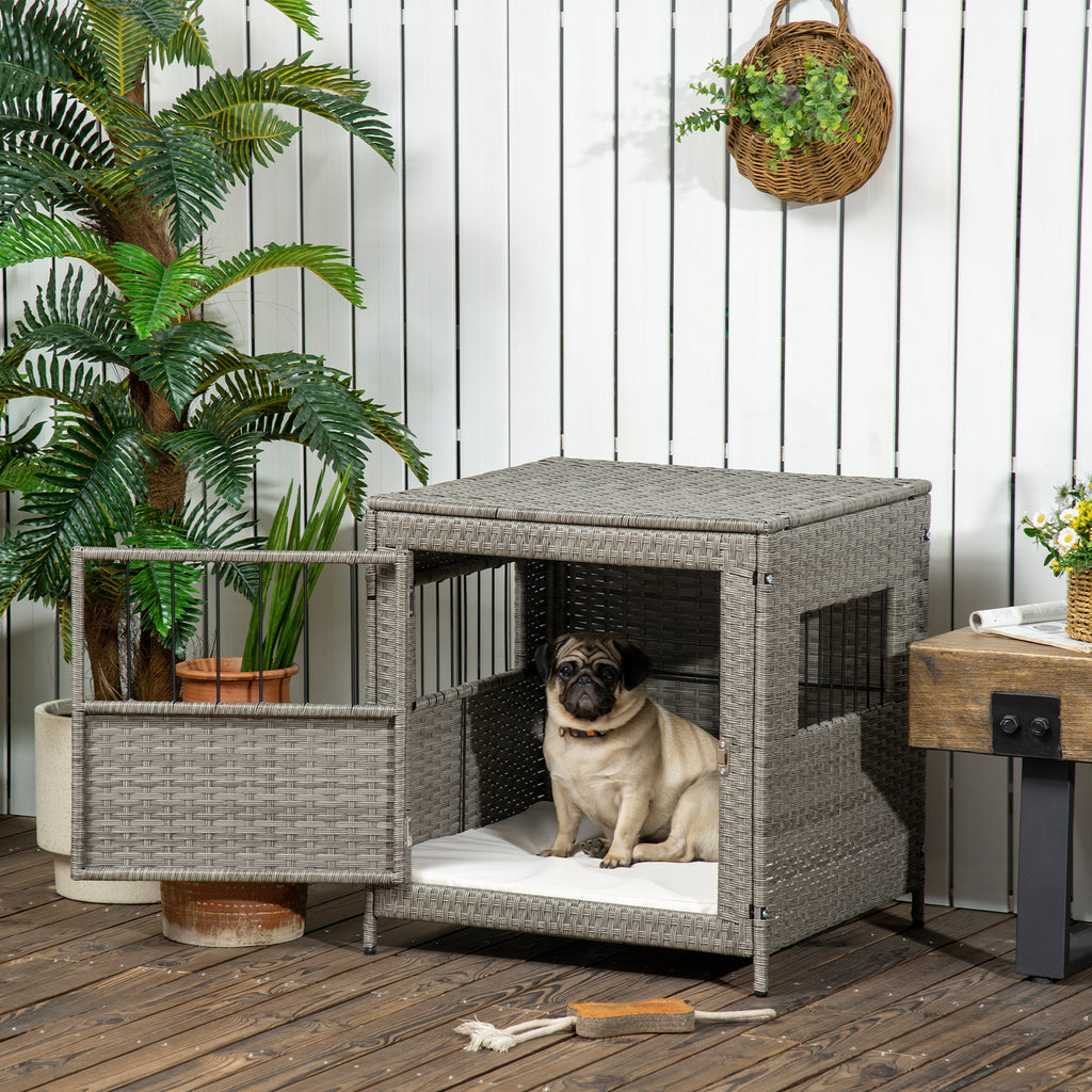 Rattan Dog Crate, Wicker Dog Cage with Lockable Door and Soft Washable Cushion, Dog Kennel Furniture for Small Sized Dogs, Grey