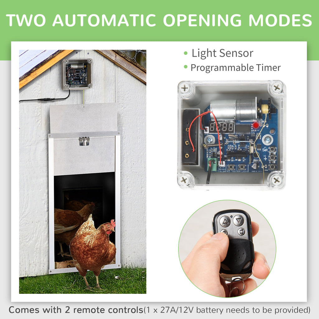 Automatic Chicken Coop Door with Timer & Multi-modes Weatherproof Chicken Door, Full Aluminum Body, 6V DC Power Supply/Battery Powered, Silver