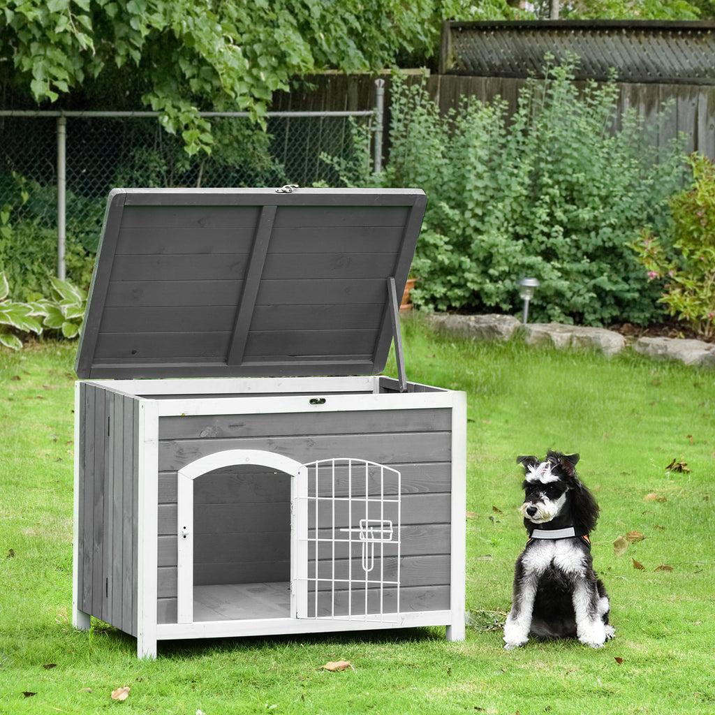 Foldable Wooden Dog House Raised Puppy Cage Kennel Cat Shelter w/ Lockable Door Openable Roof Removable Bottom for Small and Medium Pets Grey