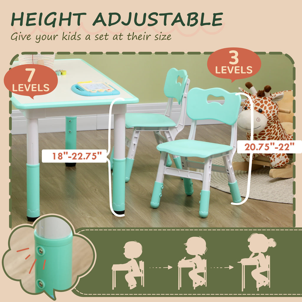 Kids Table and Chair Set with 4 Chairs, Adjustable Height, Easy to Clean Table Surface, for 1.5 - 5 Years Old, Green