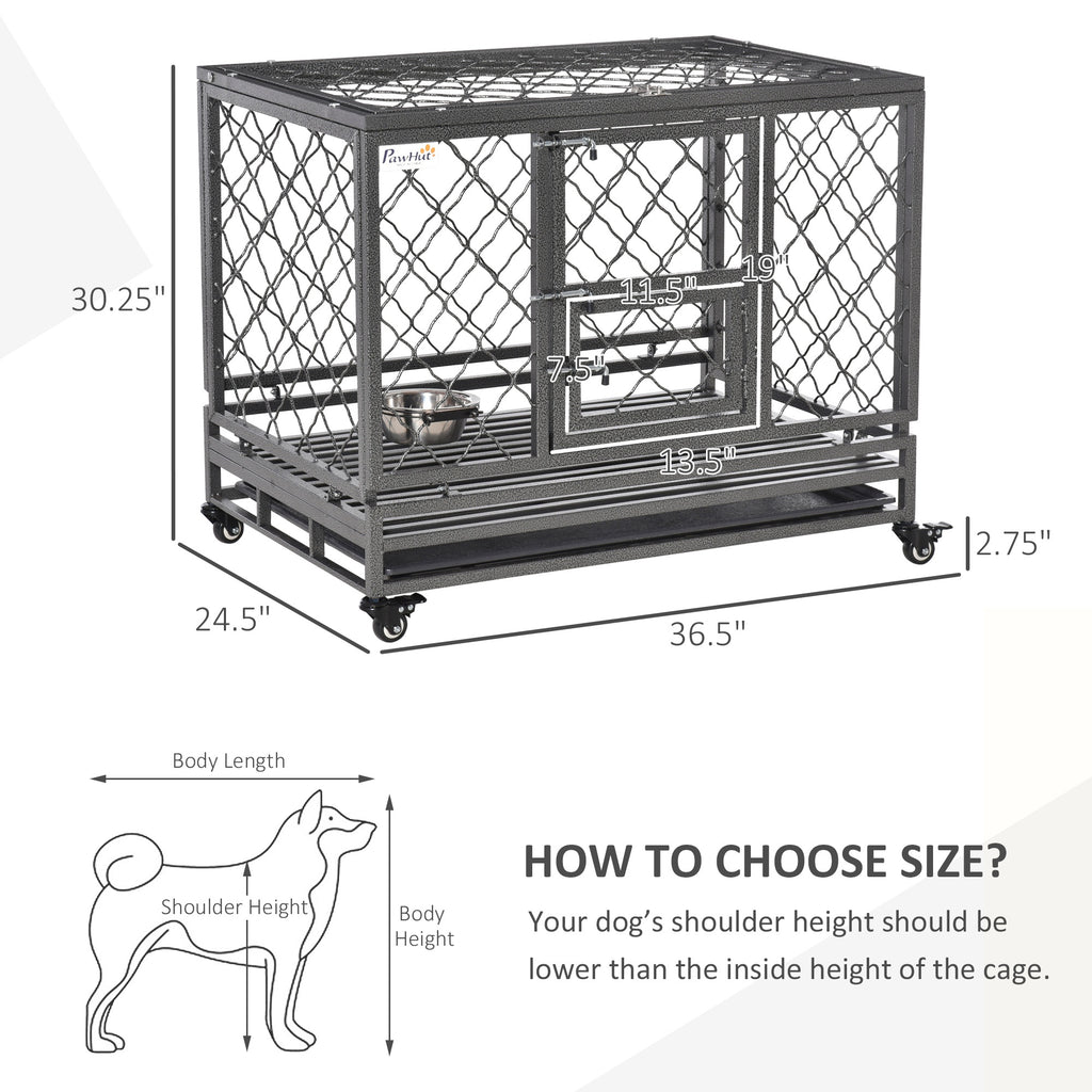 Heavy Duty Dog Cage Metal Kennel and Crate Dog Playpen with Lockable Wheels, Slide-out Tray, Food Bowl and Double Doors
