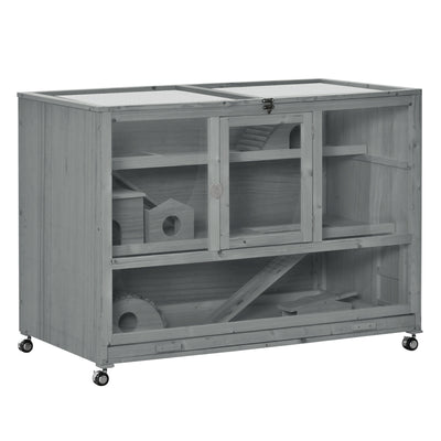 Large Wooden Hamster Cage with Seesaw, Small Animal Hutch and Habitat with Wheels, 3-Tier Activity Center with Ladder, Dark Grey