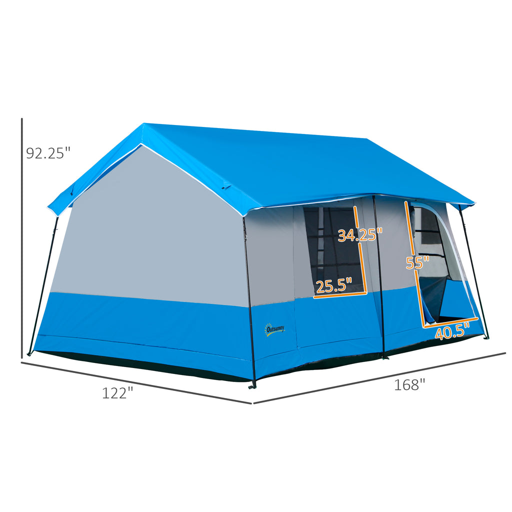 Blue 8-10 Man Camping Tent with Weatherproof Rain Cover, Double Layer Backpacking Family Shelter with Mesh Windows, Zipper Door