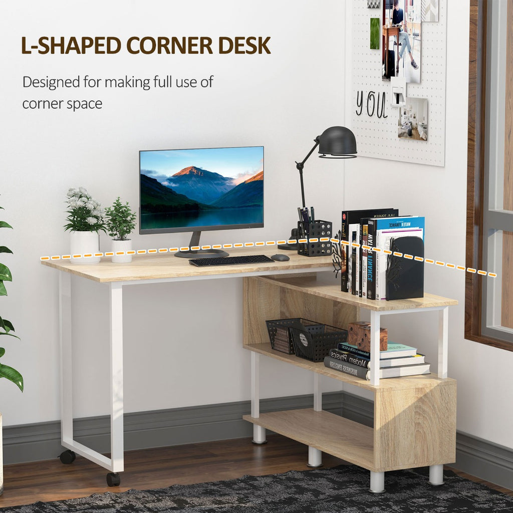 Mobile L-Shaped Rotating Computer Desk with Storage Shelves Moveable Rolling Writing Table Home Office Study Workstation for Home Office, Oak