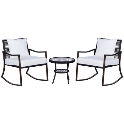 3 Piece Outdoor PE Rattan Patio Rocking Chair Set with Table - Brown