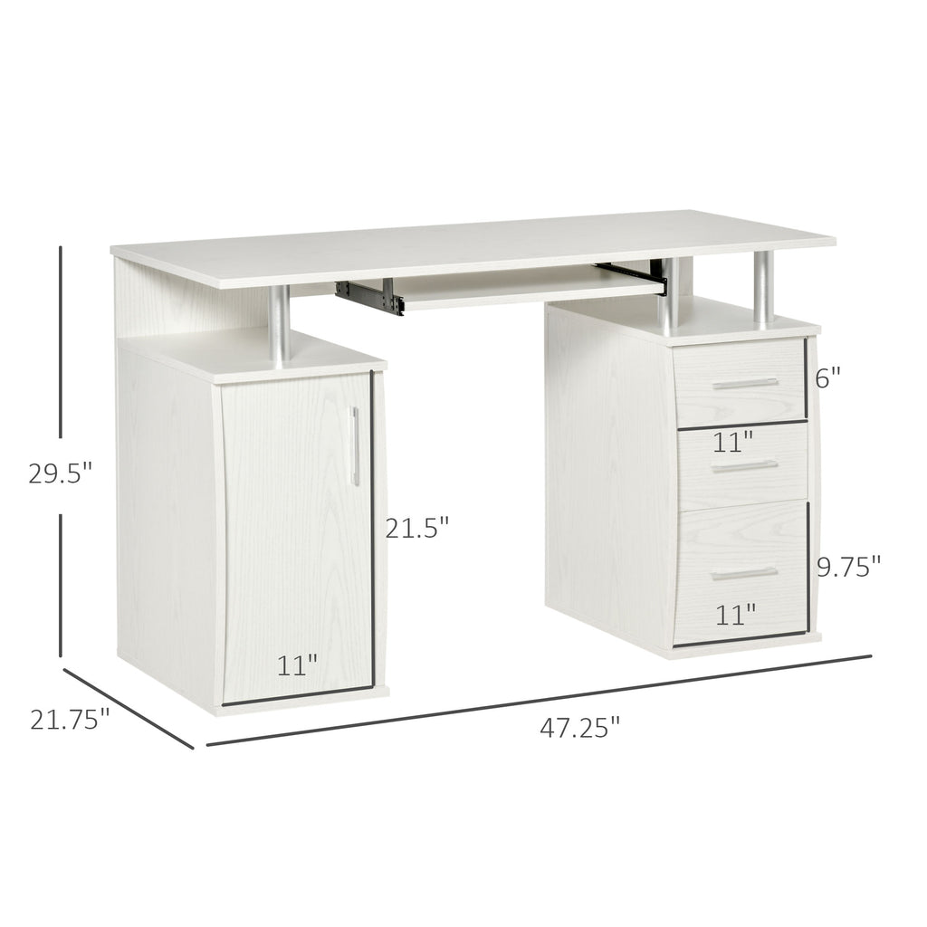 47" Computer Desk with Keyboard Tray and Storage Drawers, Home Office Workstation Table with Storage Shelves, White