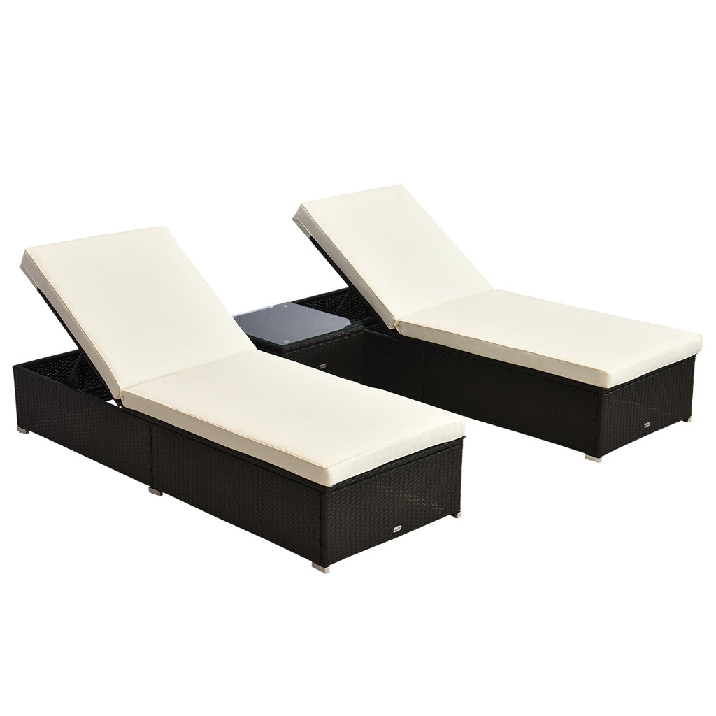 Outdoor Lounge Chairs Set of 2 with 5-Level Angles Adjust Backrest, Thick Cushions, & Matching Table, for Pool Side, Cream White