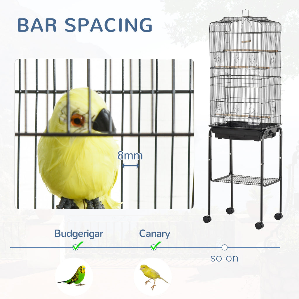 62" Metal Indoor Bird Cage Starter Kit With Detachable Rolling Stand, Storage Basket, And Accessories, Black