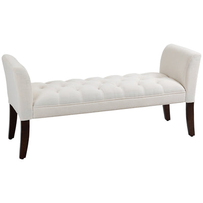 End of Bed Bench with Button Tufted Design, Upholstered Bench with Arms and Solid Wood Legs for Bedroom, Cream White