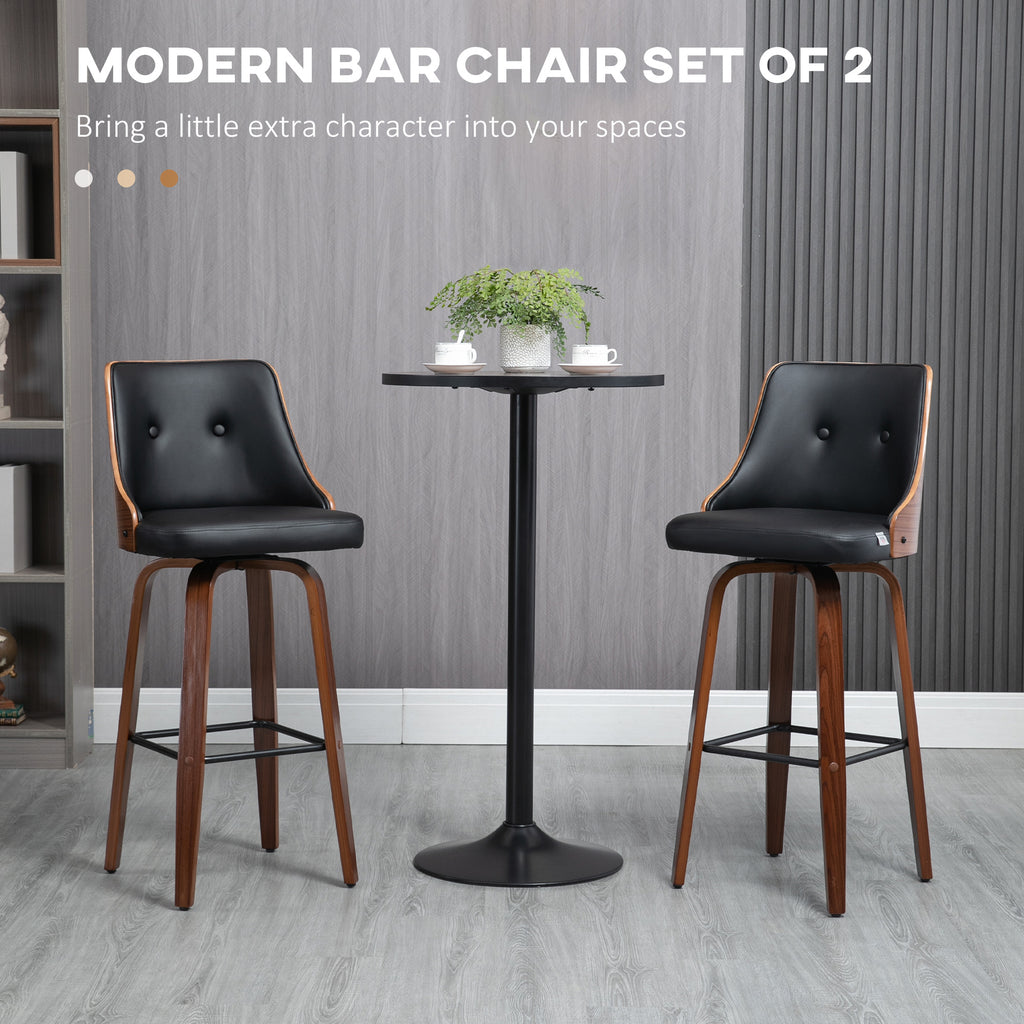 Counter Height Bar Stools Set of 2 PU Leather Swivel Barstools with Footrest and Tufted Back, Black