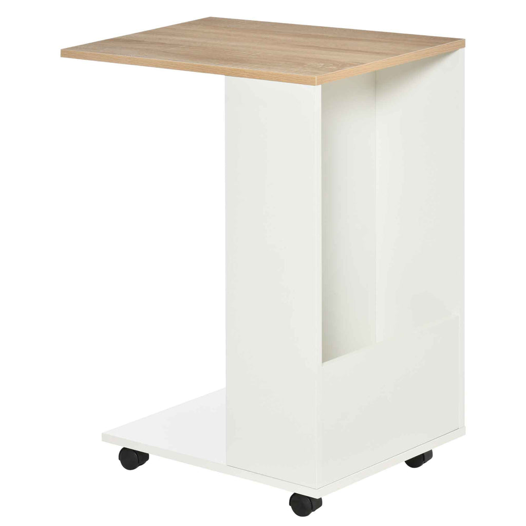 C-Shaped Sofa Side Table Mobile End Table with Storage and Wheels for Living Room, Bedroom, Office, White