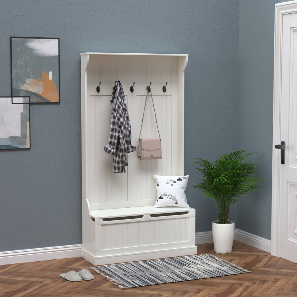 71" 3-In-1 Hall Tree Storage Bench and Coat Rack with 5 Steel Double Hooks, and Anti-Topple Anchor for Entryway, White