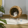 20.5" Weaved Cat Bed, Elevated Hand Made Cat House Condo with Cushion, Brown