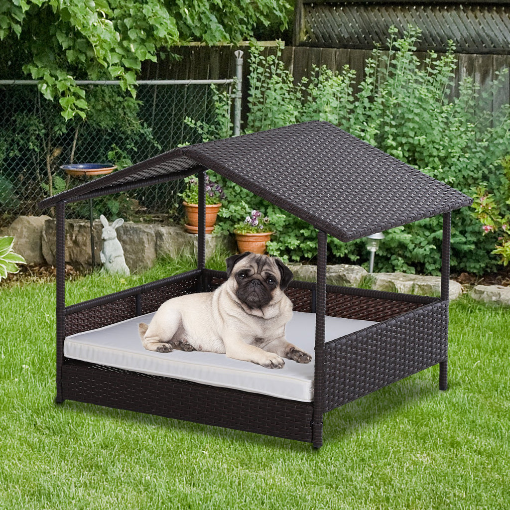 Wicker Dog House Elevated Raised Rattan Bed for Indoor/Outdoor with Removable Cushion Lounge, Cream