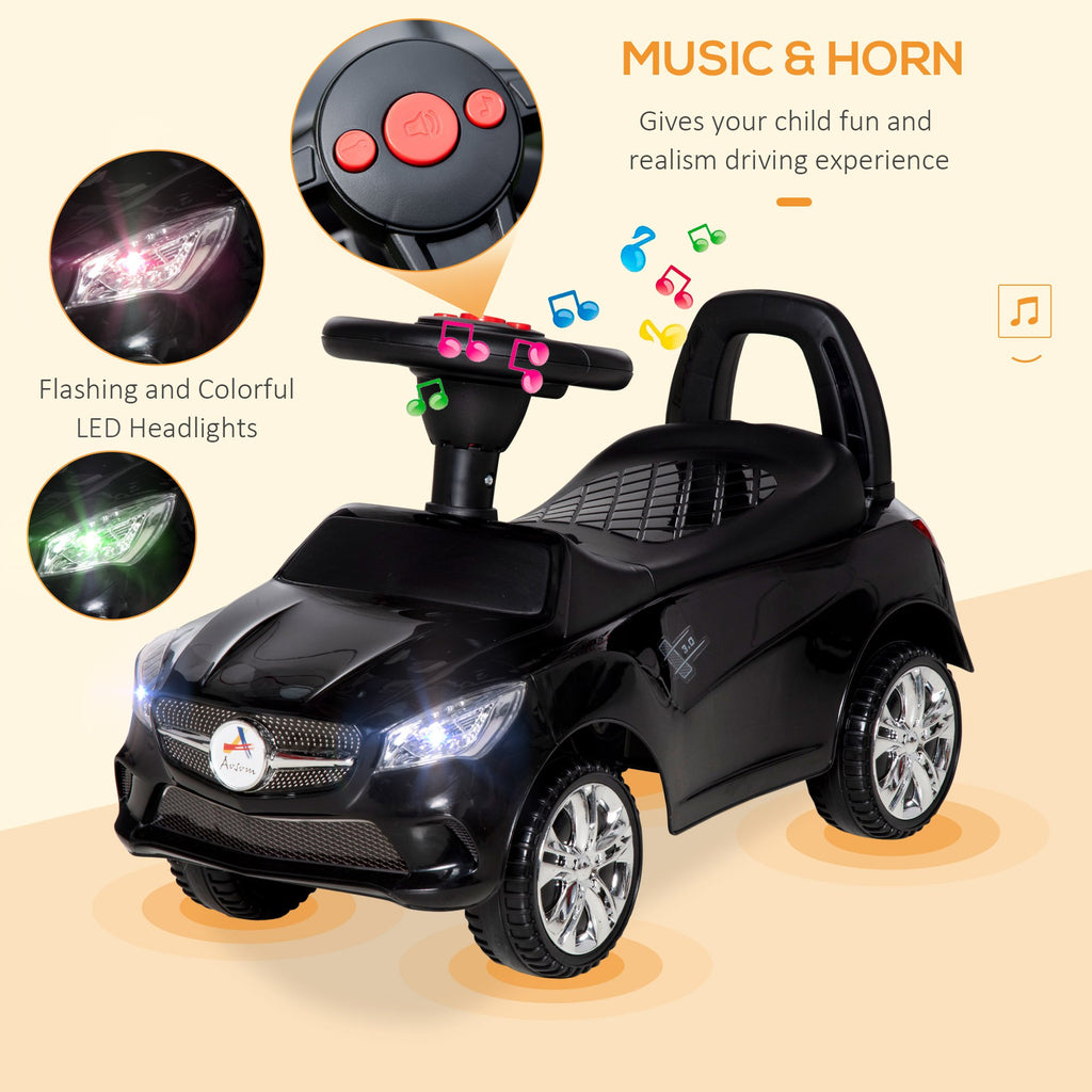 Kids Ride On Push Car, Foot-to-Floor Walking Sliding Toy Car for Toddler with Working Horn, Music, Headlights and Storage, Black