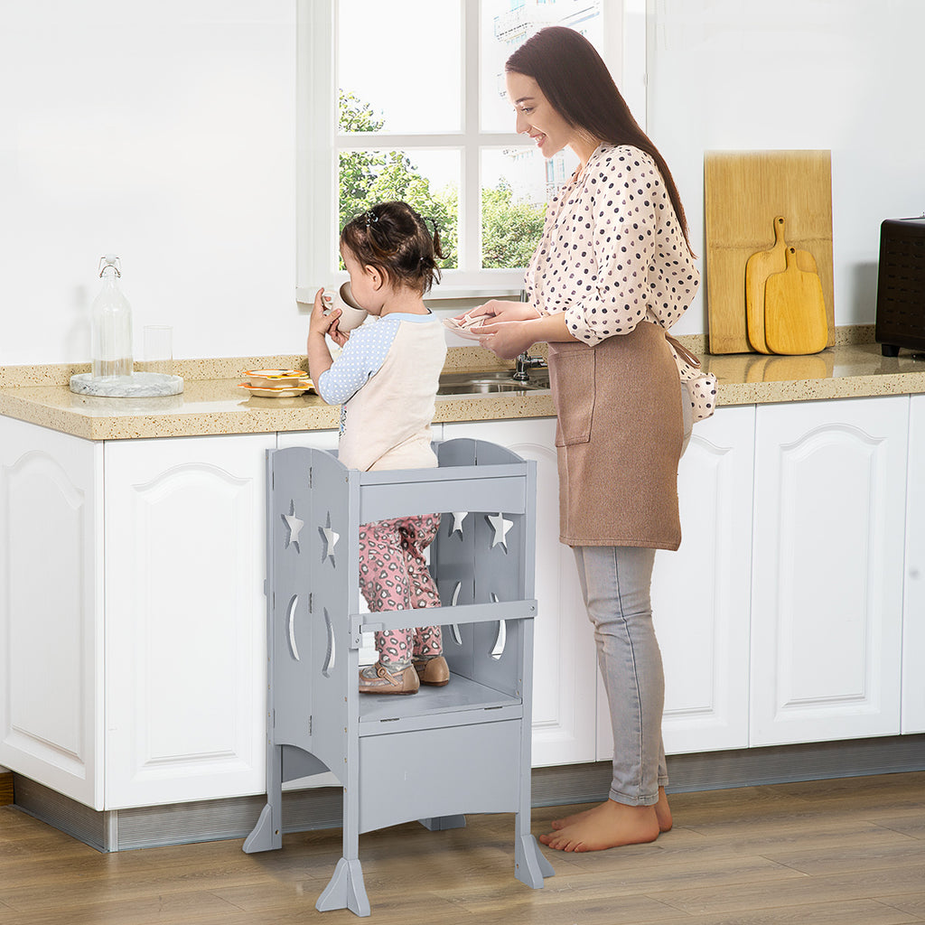 Kitchen Step Stool for Kids Wooden Foldable Helper Stool with Support Handles Safety Rail for Toddler Bathroom Counter Step Non-Slip Grey