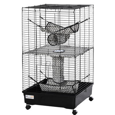 Small Animal Cage Habitat for Ferret with Wheels Hammocks Tunnels and 3 Doors, Black