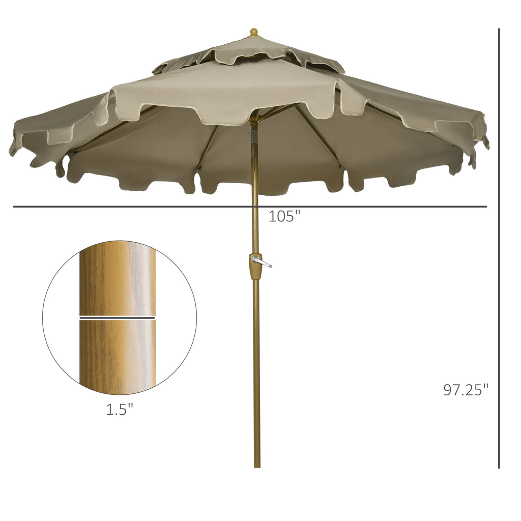 9' Patio Umbrella with Push Button Tilt and Crank, Double Top Ruffled Outdoor Market Table Umbrella with 8 Ribs, for Garden, Deck, Pool, Brown
