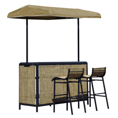 3 Piece Outdoor Bar Set for 2 with Canopy, Rectangular Table with Storage Shelves & Two Bar Chairs, Breathable Mesh
