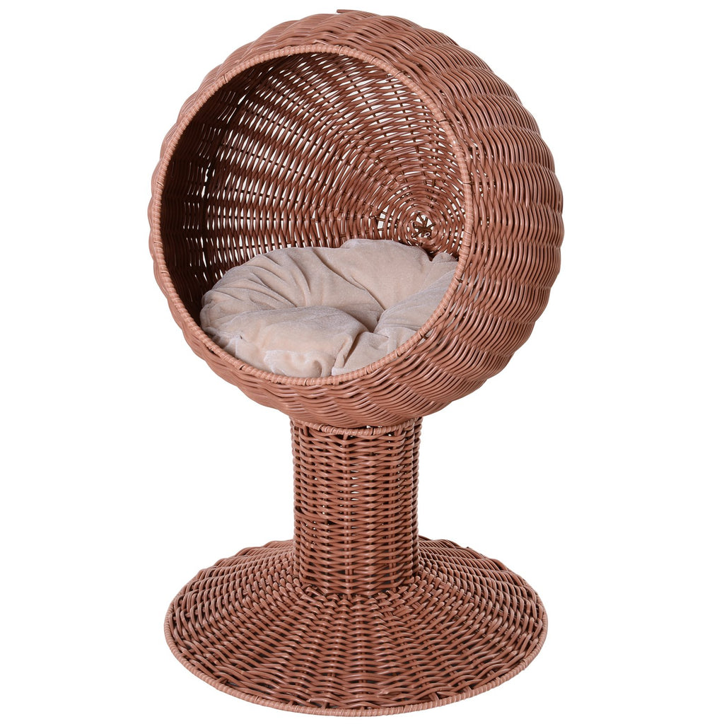 27" Hooded Wicker Elevated Cat Bed Rattan Kitten Condo Round with Cushion, Brown