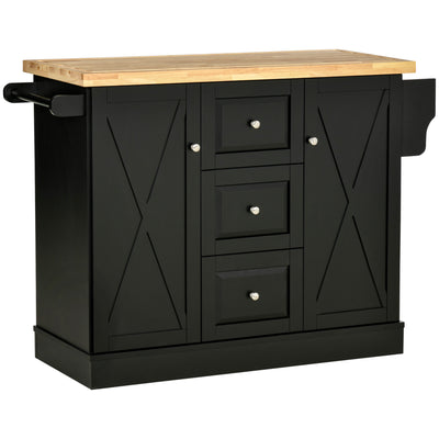Farmhouse Mobile Kitchen Island Utility Cart on Wheels with Barn Door Style Cabinets, Drawers - Black