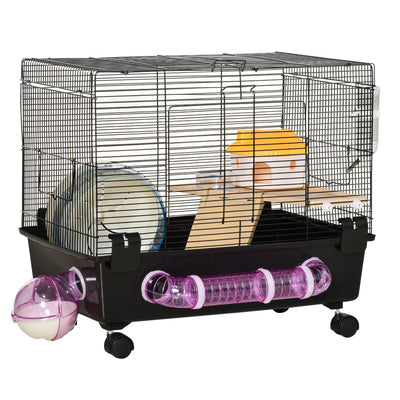 2-Tier Hamster Cage, Small Animal Habitat for Rats, Gerbils, Mesh Wire Ventilated Enclosure with Exercise Wheel, Water Bottle, and Food Dishes