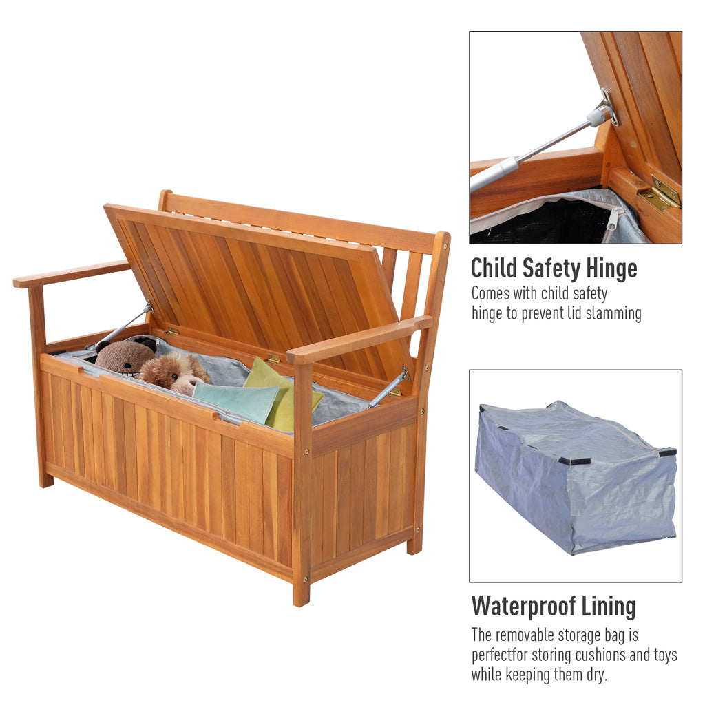 41 Gallon Outdoor Storage Bench, Wooden Deck Box with PE Lining, 2-Seat Container Perfect for Store Garden Tools Toys, Teak