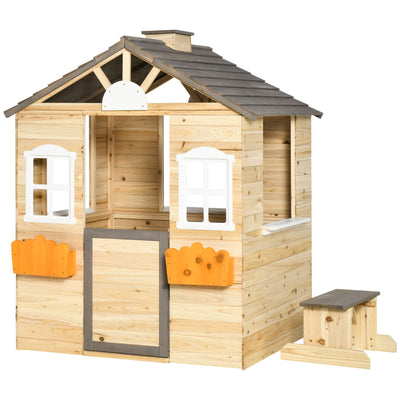 Wooden Kids Playhouse, Outdoor Garden Pretend Play Games, Adventures Cottage, with Working Door, Windows, Bench, Service Station, Flowers Pot Holder, for 3-7 Year Olds