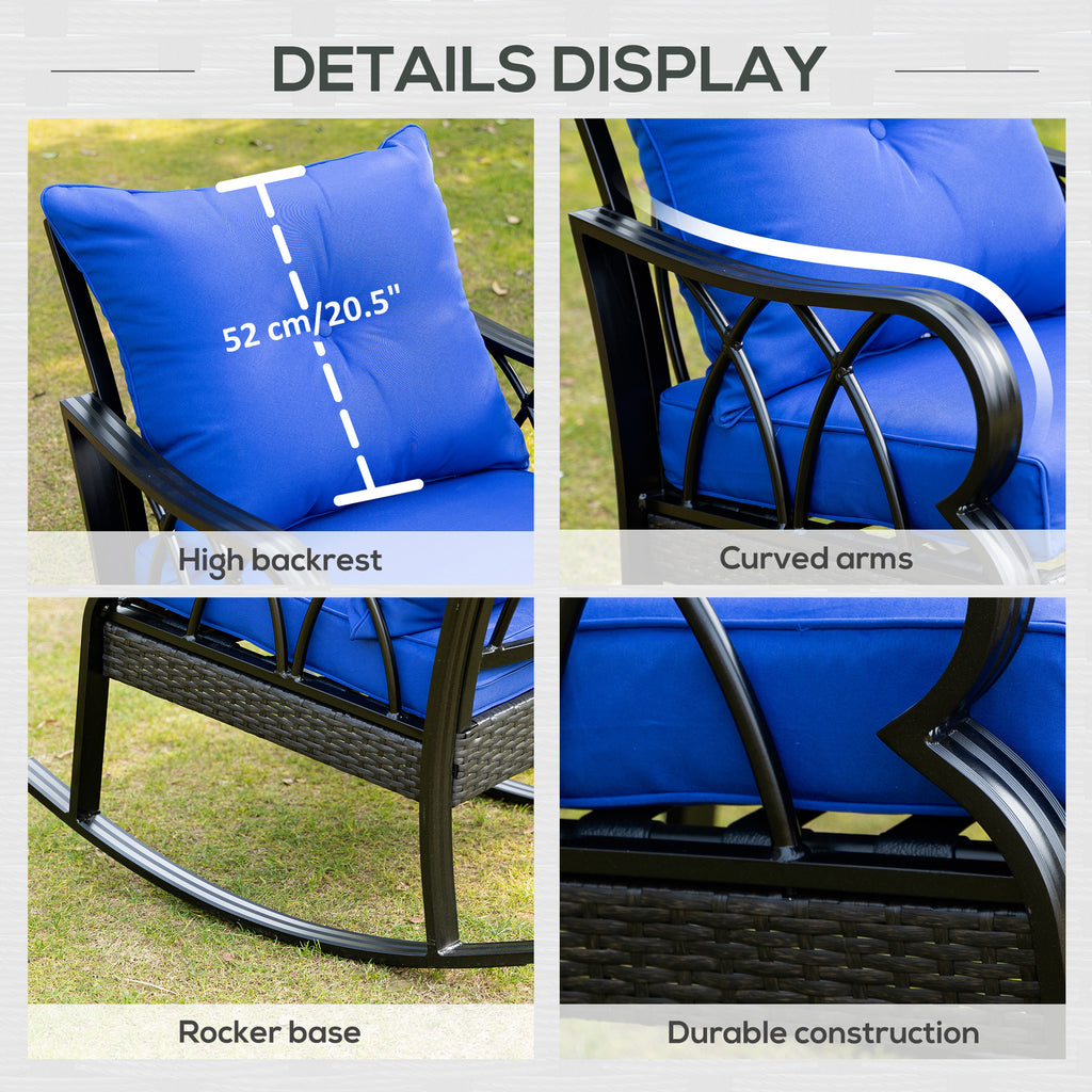 Rattan Wicker Rocking Chair with Padded Cushions, Aluminum Frame, Armrest for Garden, Patio, and Backyard, Blue