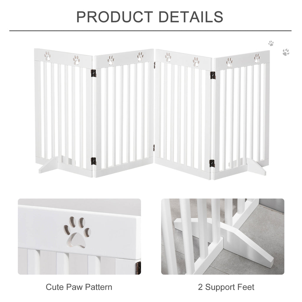 80" Extra Wide Freestanding Pet Gate Wooden Dog Barrier Folding Safety Fence with 4 Panel Support Feet for Doorway Stairs White