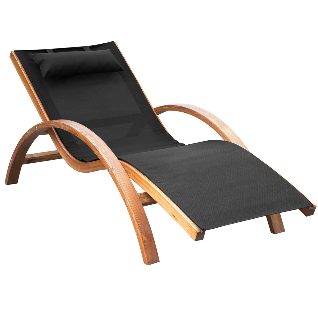 Outdoor Chaise Wood Lounge Chair with Pillow, Armrests, Breathable Sling Mesh and Comfortable Curved Design for Patio, Deck, and Poolside