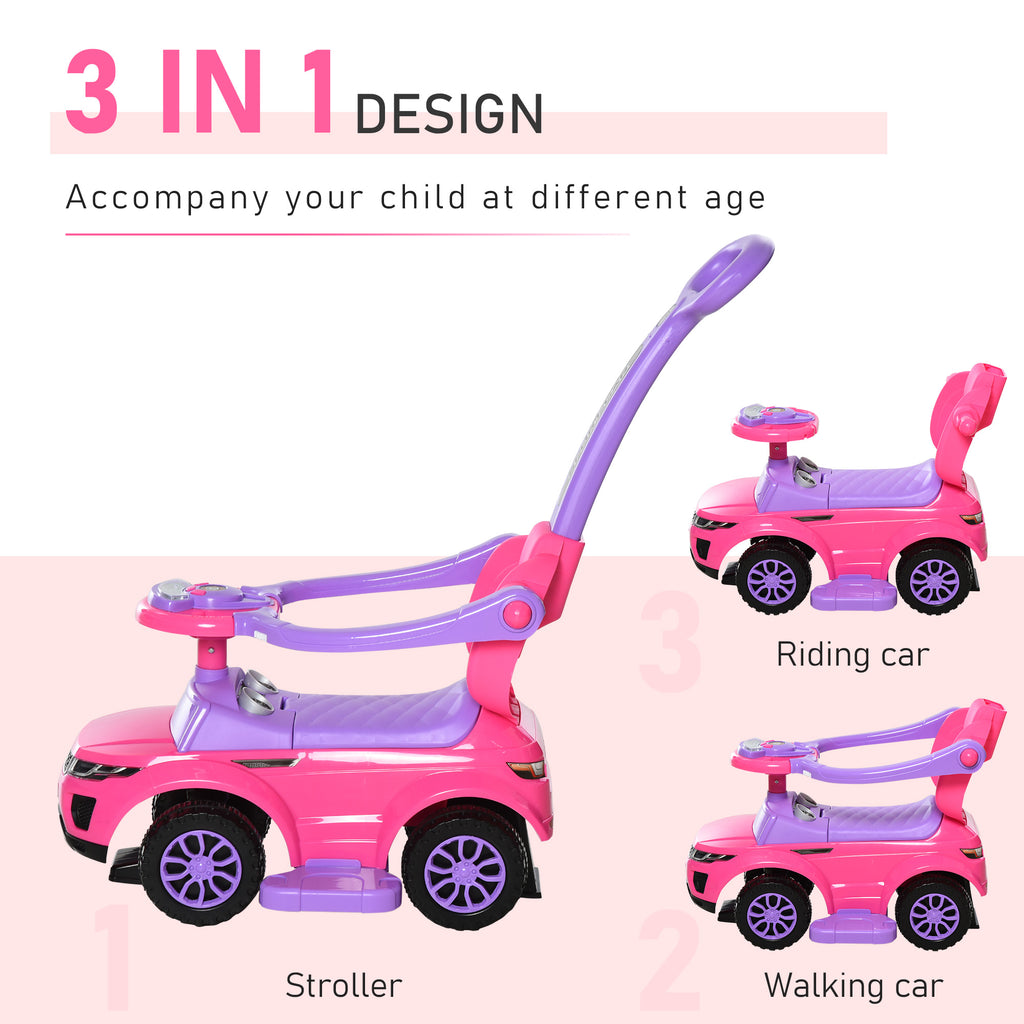 3 In 1 Push Cars for Toddlers Kid Ride on Push Car Stroller Sliding Walking Car with Horn Music Light Function Secure Bar Ride on Toy for Boy Girl 1-3 Years Old Pink