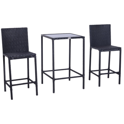 3 PCS Rattan Bar Set with Glass Top Table, 2 Bar Stools for Outdoor, Patio, Garden, Poolside, Backyard