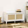 Entry Way Bench Shoe Storage Bench with Shoe Cabinets 2 Rattan Sliding Doors and Pine Wood Legs for Hallway White