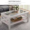 Farmhouse Style Coffee Table with Wood Frame, Tempered Glass Tabletop and Underneath Storage Shelf for Living Room, White Oak