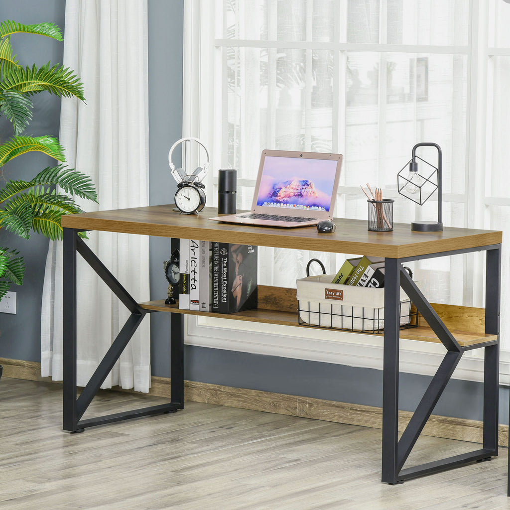 55 Inch Industrial Writing Desk with Storage Shelf Below, Computer Desk with K-Shaped Steel Frame for Home Office, Black/Brown