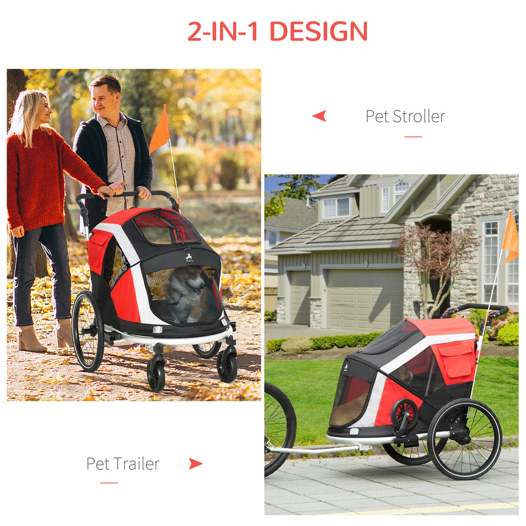 2-in-1 Travel Dog Stroller, Small Pet Bicycle Cart Carrier with Safety Leash, and Easy Fold Design, Red