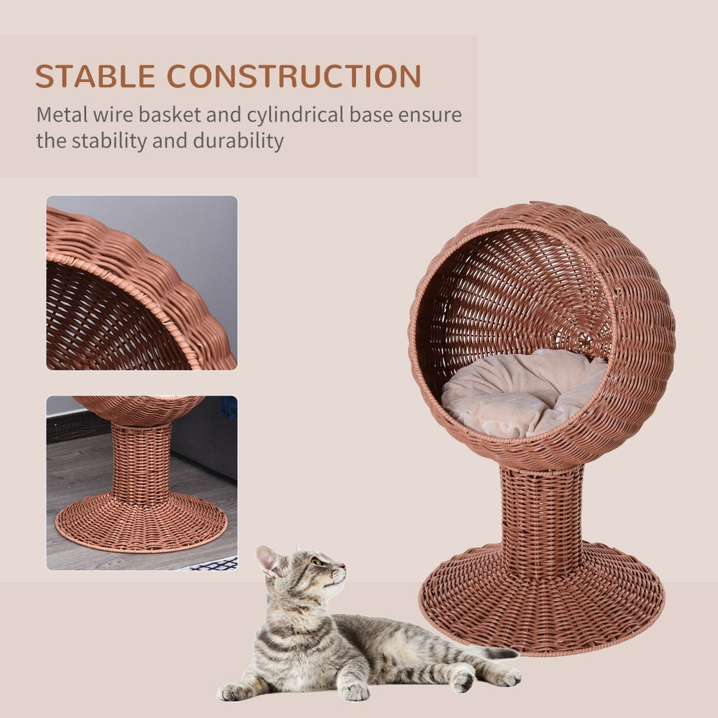 27" Hooded Wicker Elevated Cat Bed Rattan Kitten Condo Round with Cushion, Brown