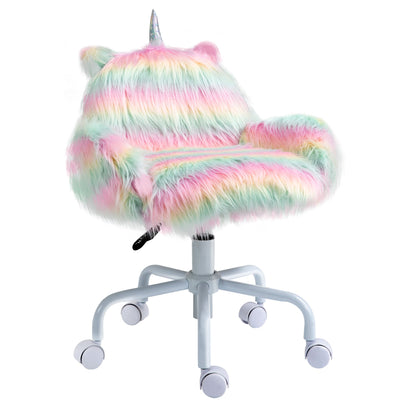 Vanity Chair, Fluffy Unicorn Office Desk Chair with Mid-Back, Armrest & 5 Smooth Nylon Casters for Home Makeup Room, Swivel Chair, Rainbow
