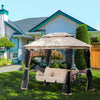 3 Person Patio Swing Chair, Gazebo Swing with Double Tier Canopy, Cushioned Seat, Mesh Sidewalls, Beige