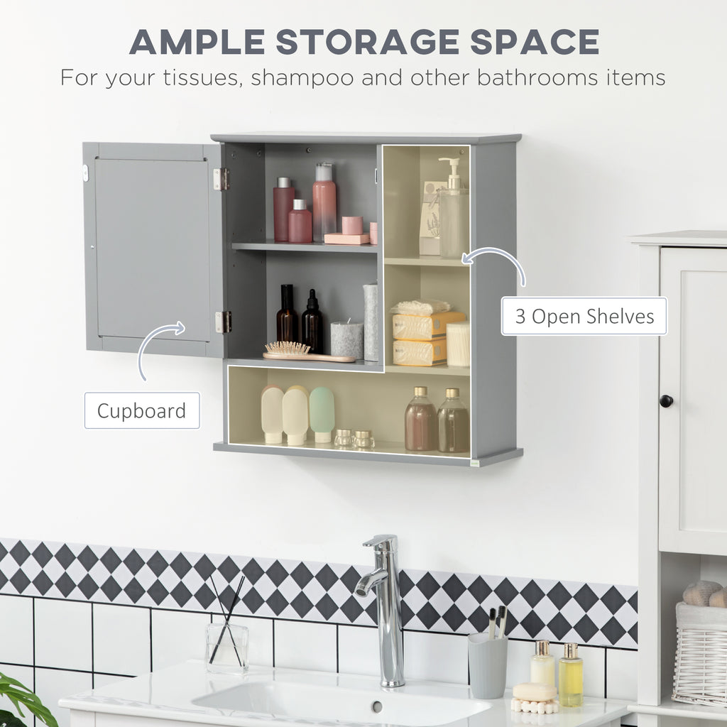 Wall-Mounted Bathroom Mirror Cabinet Organizer with Storage, Adjustable Shelf, and Magnetic Door Design, Grey