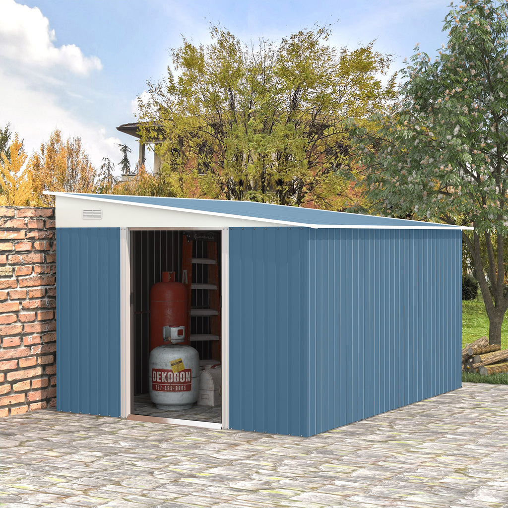 11' x 9' Steel Garden Storage Shed Outdoor Metal Lean To Tool House with Double Sliding Lockable Doors & 2 Air Vents, Blue