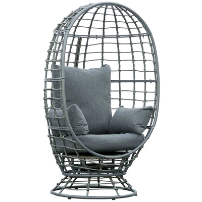Wicker Egg Chair, 360 Rotating Indoor Outdoor Boho Basket Seat with Cushion and Pillows for Backyard, Porch, Patio, Garden, Handwoven All-Weather PE Rattan, Steel Frame, Gray