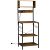 Kitchen Baker's Rack with Power Outlet, USB Charger, Microwave Stand, Coffee Bar with Adjustable Shelves, 5 Hooks for Spices, Pots and Pans, Rustic Brown